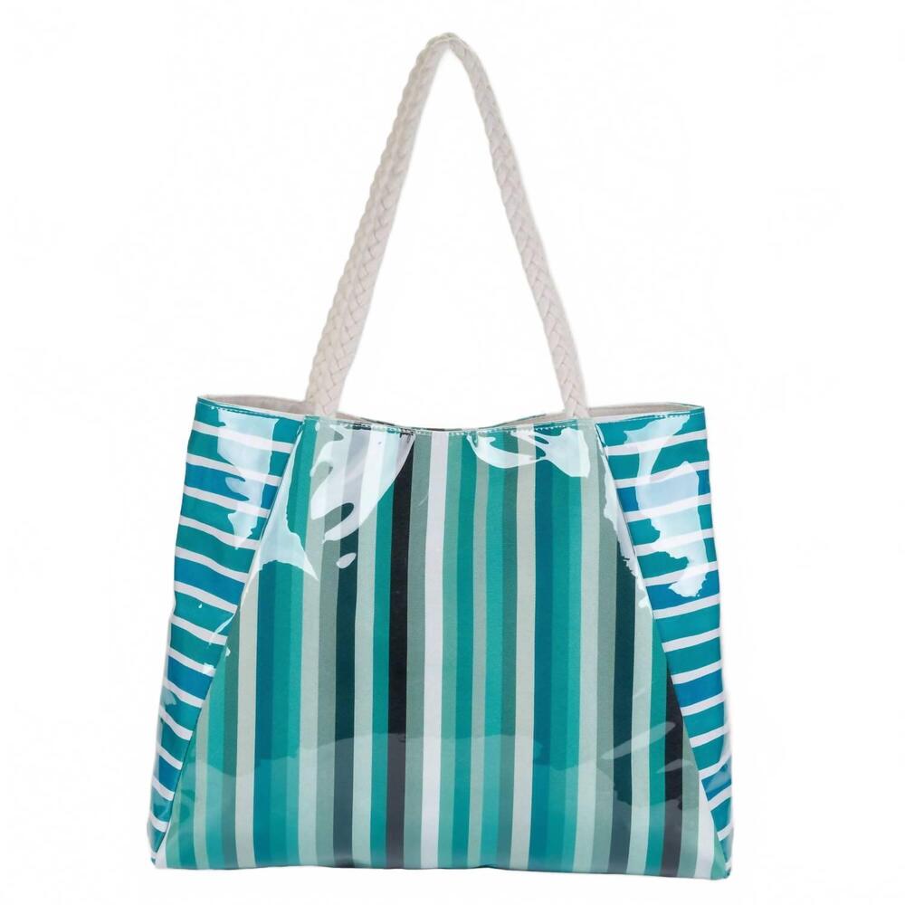 NEW SUN N SAND women's coastal stripe shoulder tote bag in blue, white & turquoi